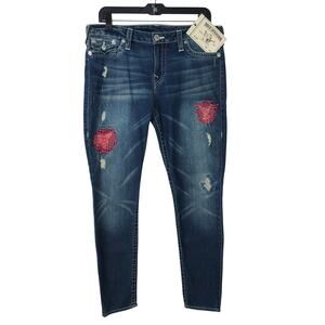 True Religion Blue Denim Distressed Jeans Jeggings Flap Pockets Mid Rise NEW 33